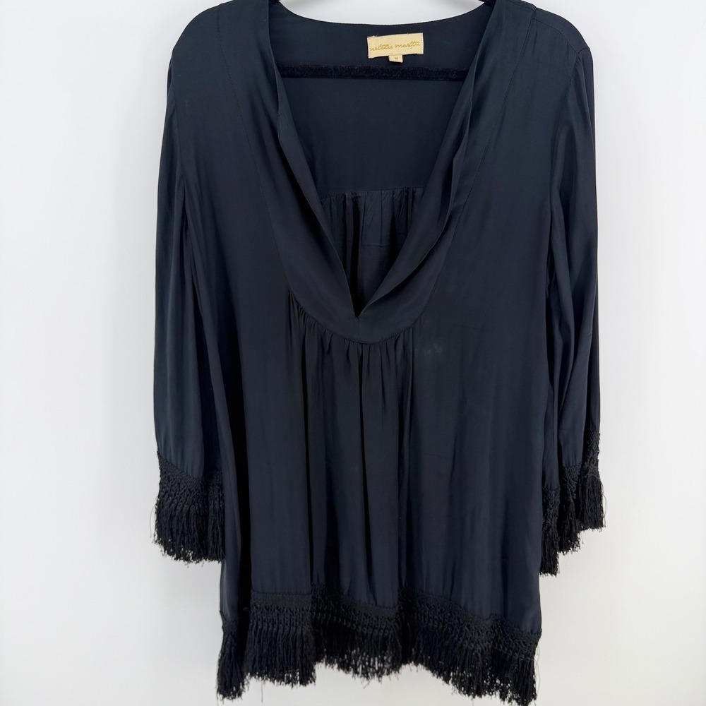 Natalie Martin Black Silk Fringe Tunic Top M Boho 3/4 Sleeve Oversized V Neck